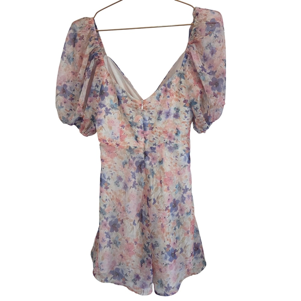 Shopmoda Watercolor Floral Chiffon Puff Sleeve Mini Dress Purple Pink XS - Picture 5 of 11